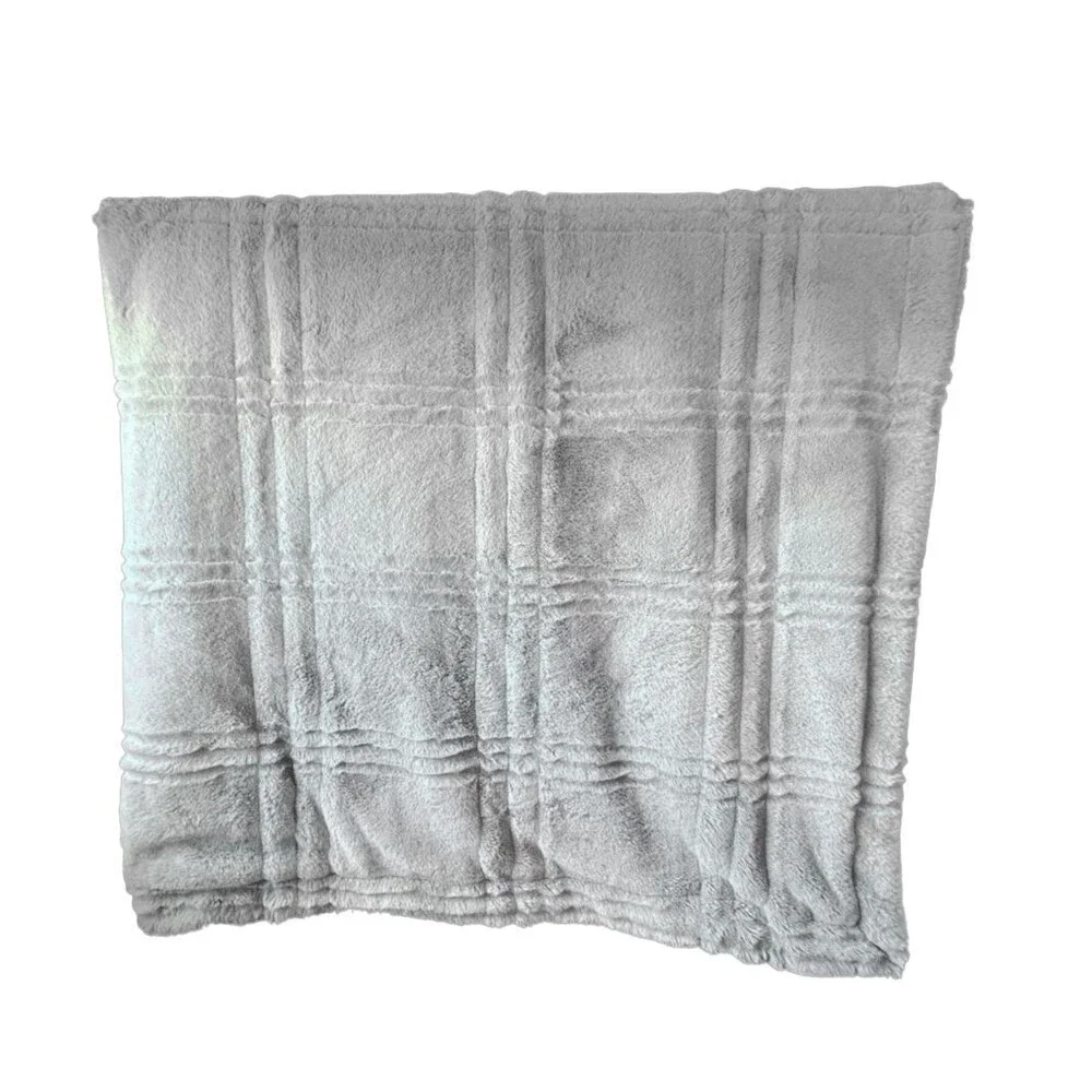 FRYE Faux Fur Carved Plaid Grey Throw Blanket Oversized Soft 50in x 70in